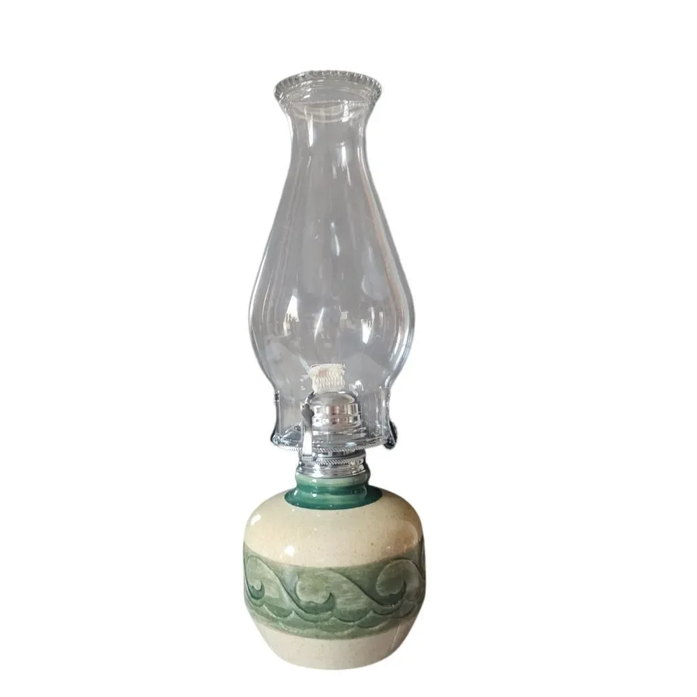 Vintage Oil Lantern Farmhouse Ceramic Green Cream Country with Glass Hurricane